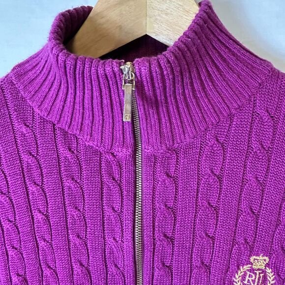 Lauren Ralph Lauren Mulberry Purple Full Zip Cotton Cable Cardigan Sweater Sz XL - Picture 3 of 13